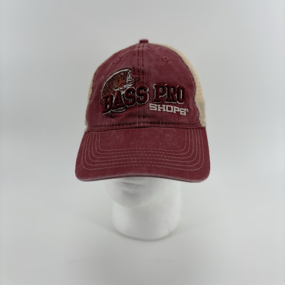 Bass Pro Shops Hat Cap Red Mesh Trucker Distressed Patch Fishing Size L/XL